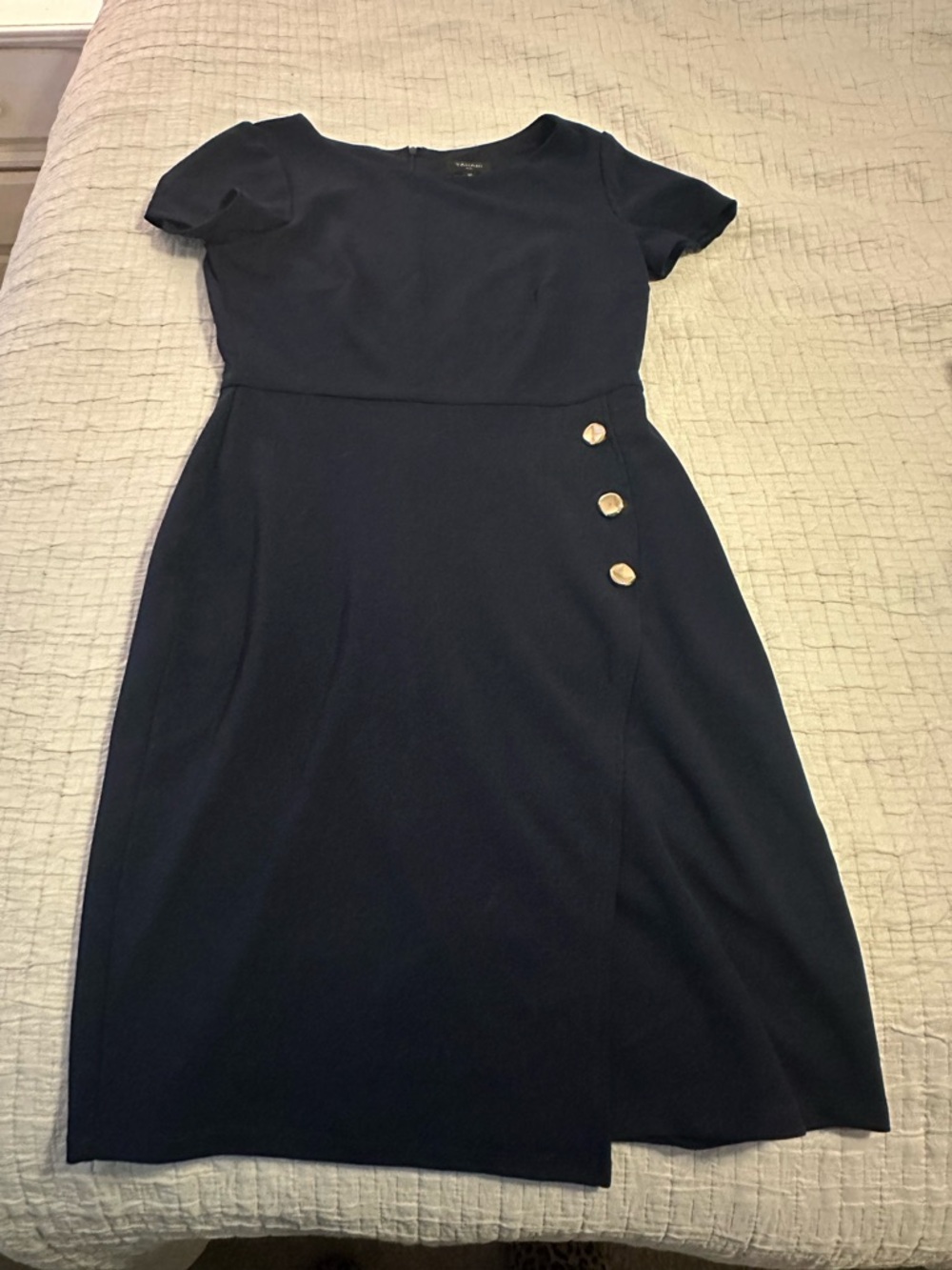 Tahari Navy Short-Sleeve Midi Sheath Dress with Accent Buttons